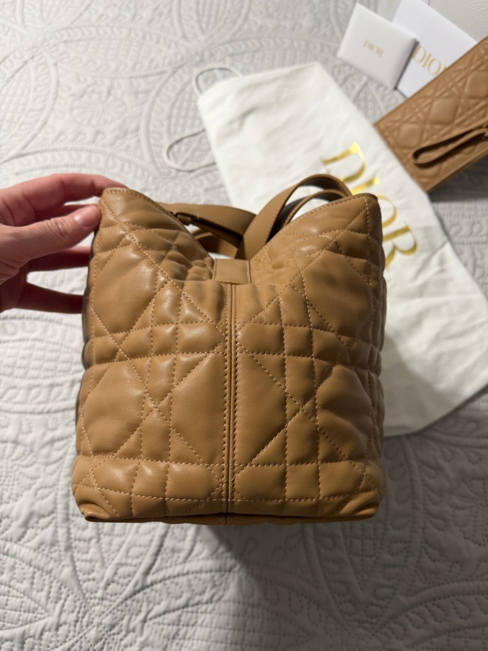 Dior Tan Quilted Tote with Matching Pouch and Gold Charm - Picture 6 of 10